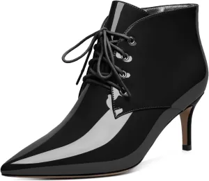 Eldof Women's Kitten Low Heel Ankle Boots Pointed Toe Lace Up Comfortable Walking Short Boots 2.5 Inches
