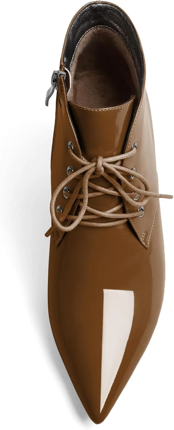 Eldof Women's Kitten Low Heel Ankle Boots Pointed Toe Lace Up Comfortable Walking Short Boots 2.5 Inches