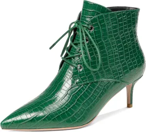 Eldof Women's Kitten Low Heel Ankle Boots Pointed Toe Lace Up Comfortable Walking Short Boots 2.5 Inches