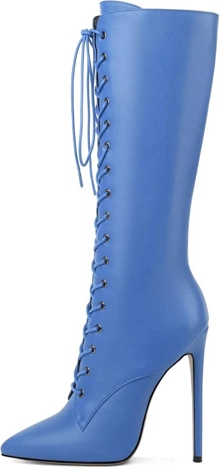 Eldof Women's Knee-High Boots Lace Up High Heeled Stiletto Sexy Boot