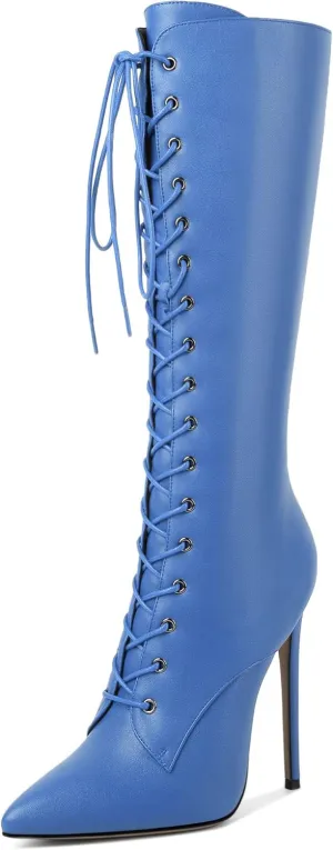 Eldof Women's Knee-High Boots Lace Up High Heeled Stiletto Sexy Boot