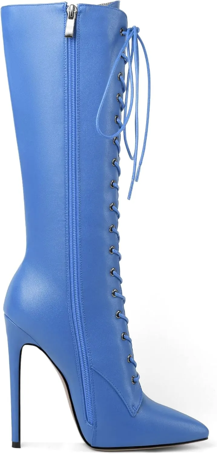 Eldof Women's Knee-High Boots Lace Up High Heeled Stiletto Sexy Boot