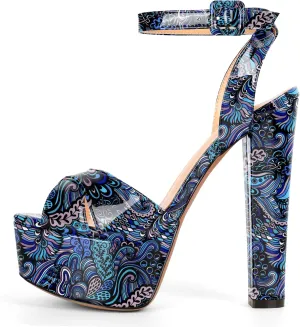 Eldof Women's Platform Sandals Peep Toe Chunky High Heels Ankle Straps Party Dress Casual Shoes 6 Inches