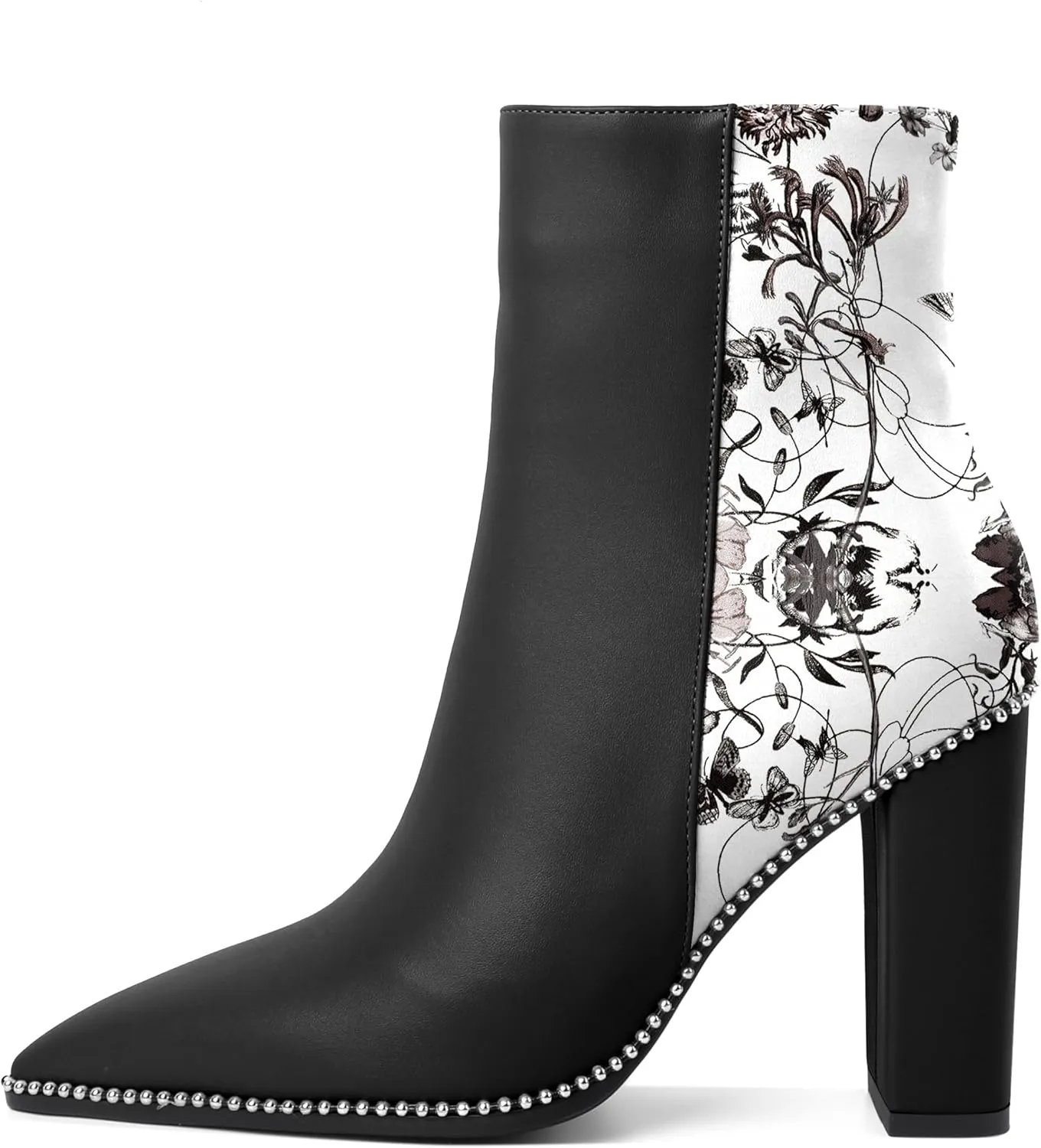 Eldof Womens Pointed Toe Beaded Chunky Ankle Boots Side Zipper 3.5 Inches
