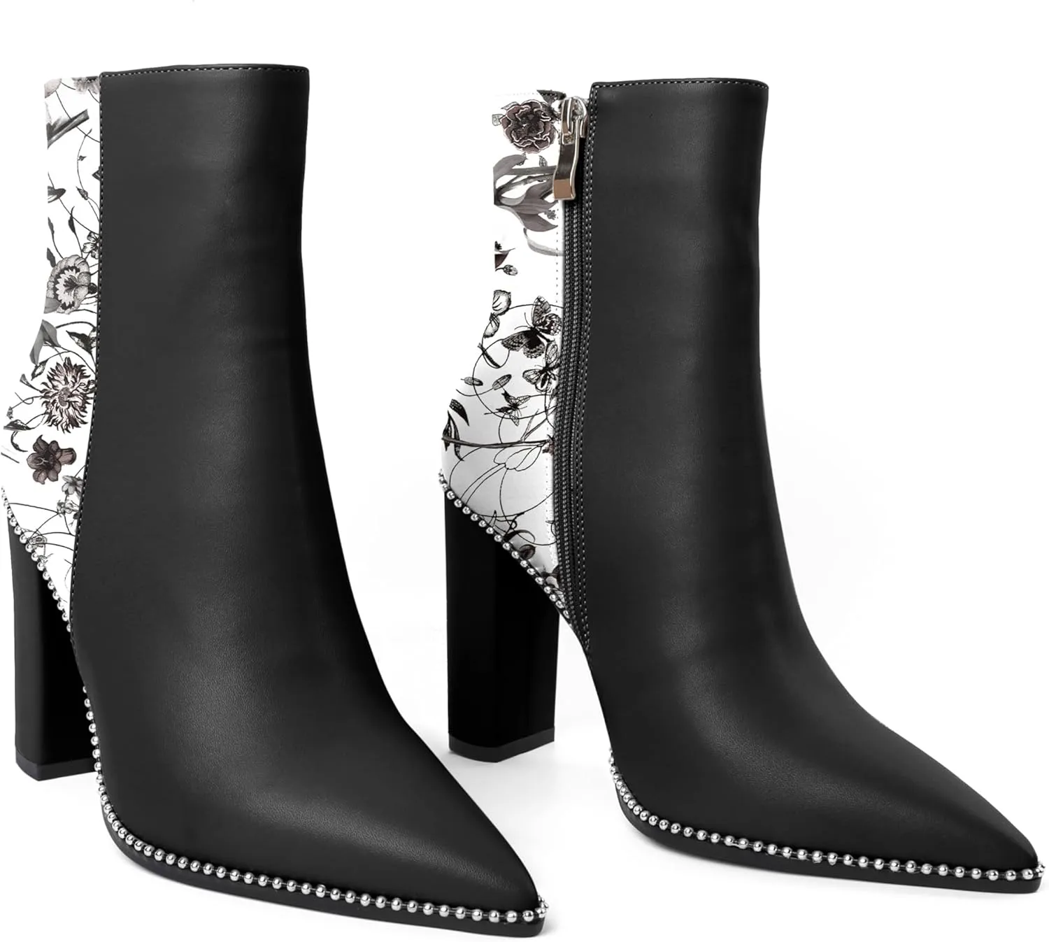 Eldof Womens Pointed Toe Beaded Chunky Ankle Boots Side Zipper 3.5 Inches