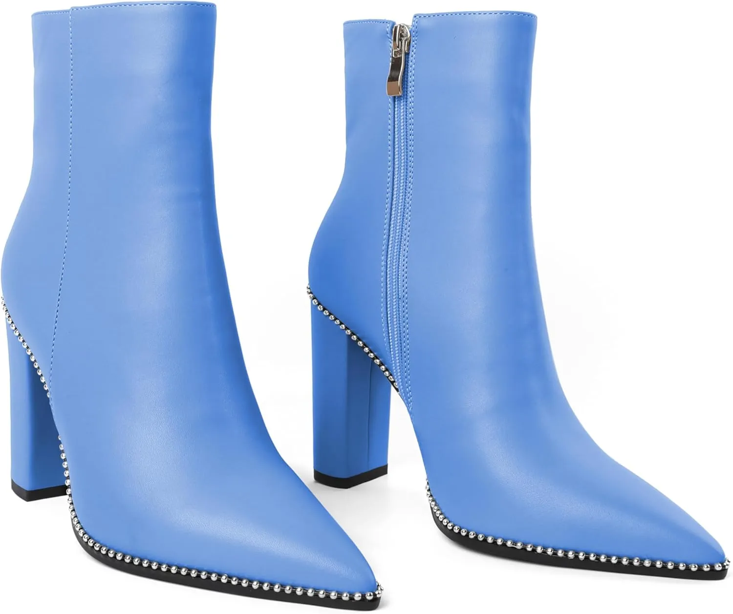 Eldof Womens Pointed Toe Beaded Chunky Ankle Boots Side Zipper 3.5 Inches