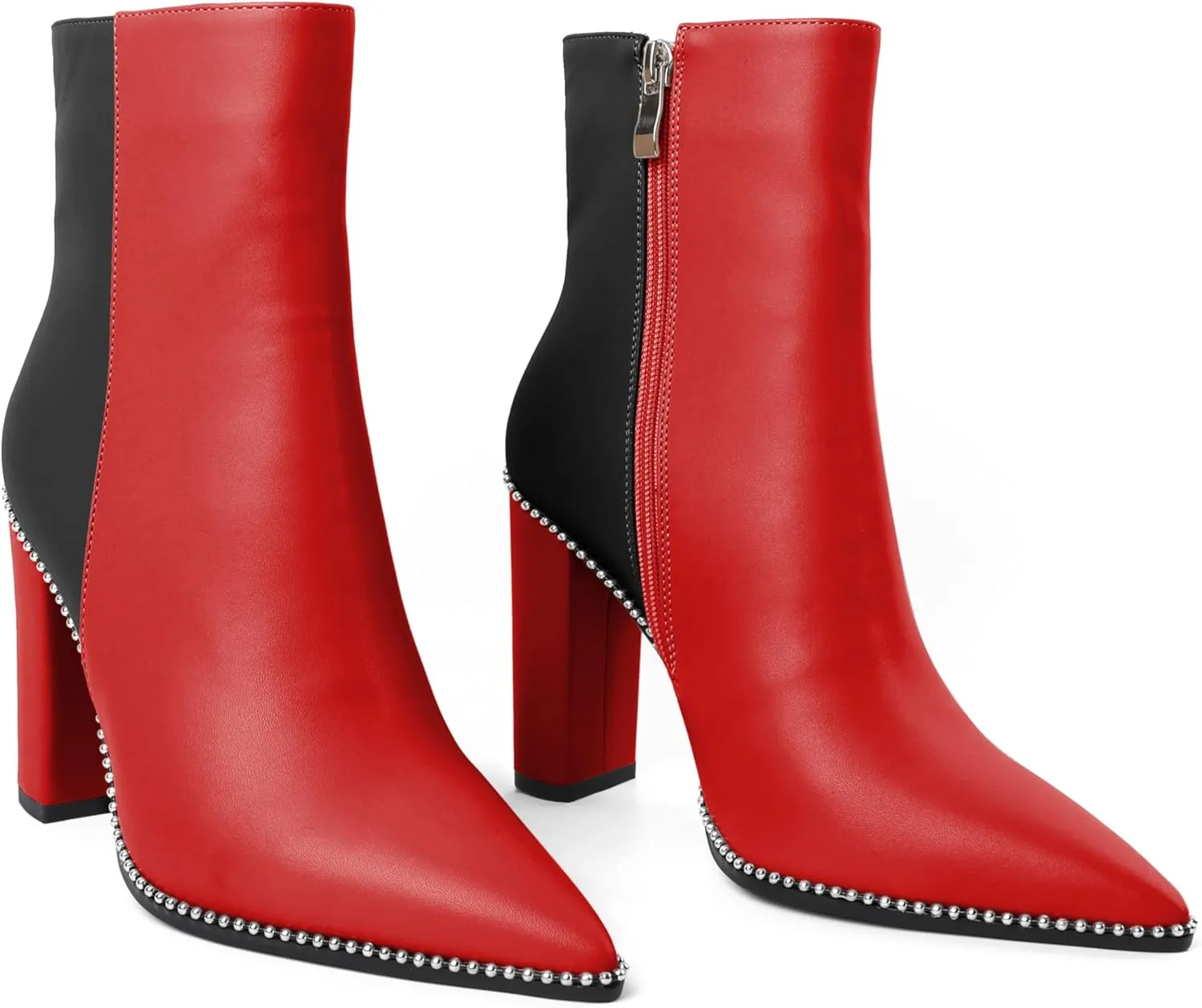 Eldof Womens Pointed Toe Beaded Chunky Ankle Boots Side Zipper 3.5 Inches