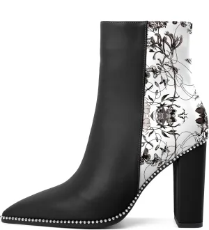 Eldof Womens Pointed Toe Beaded Chunky Ankle Boots Side Zipper 3.5 Inches