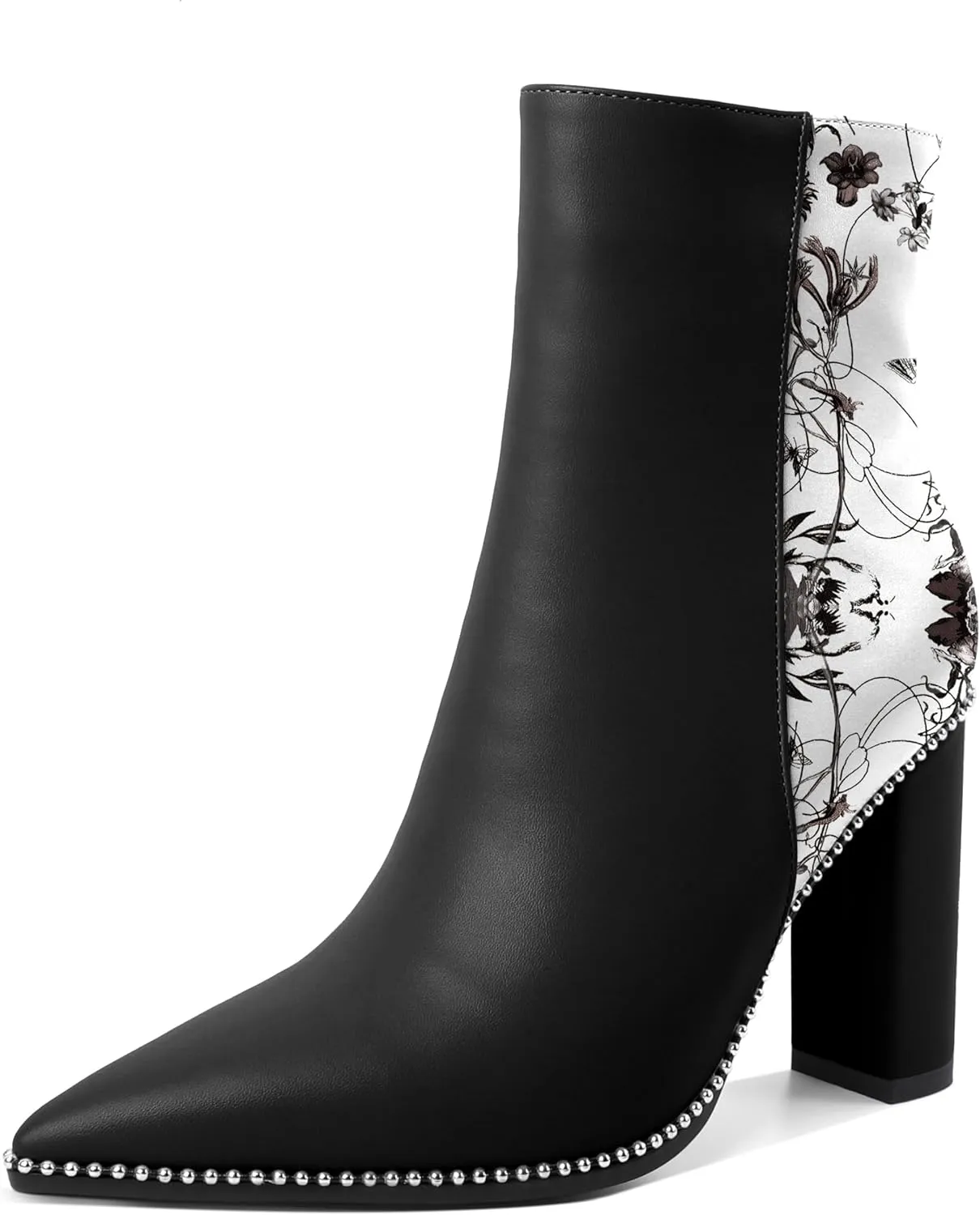 Eldof Womens Pointed Toe Beaded Chunky Ankle Boots Side Zipper 3.5 Inches