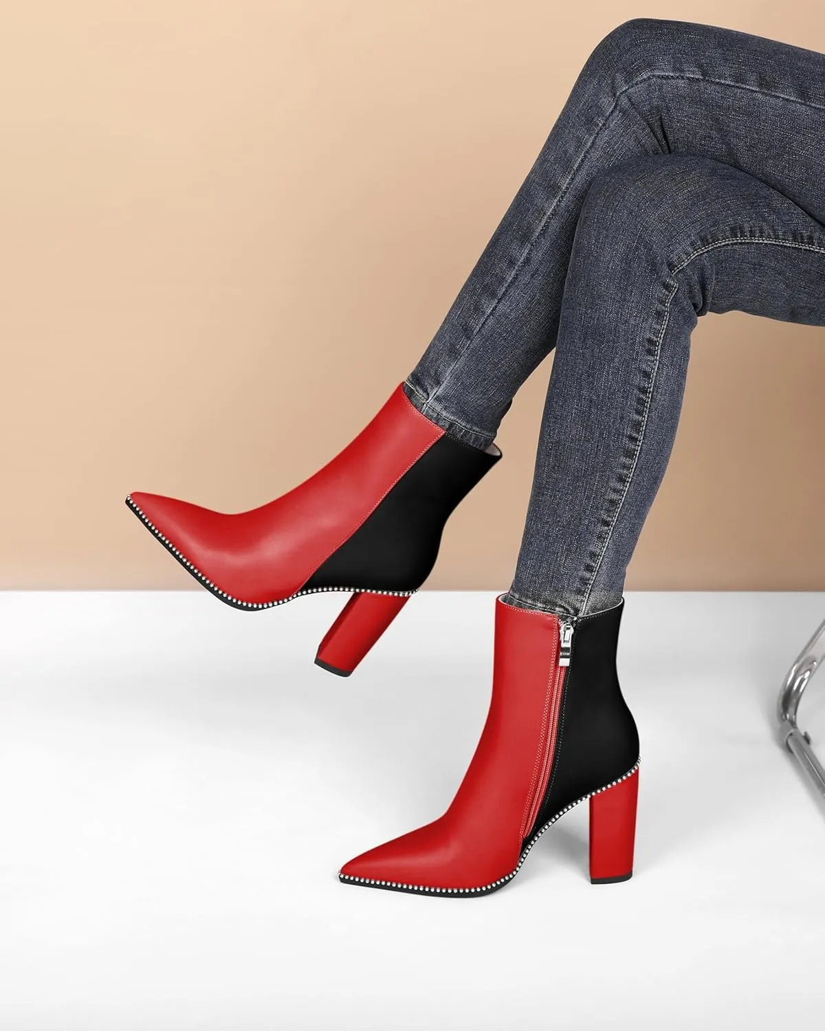 Eldof Womens Pointed Toe Beaded Chunky Ankle Boots Side Zipper 3.5 Inches
