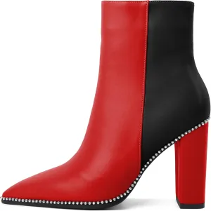 Eldof Womens Pointed Toe Beaded Chunky Ankle Boots Side Zipper 3.5 Inches