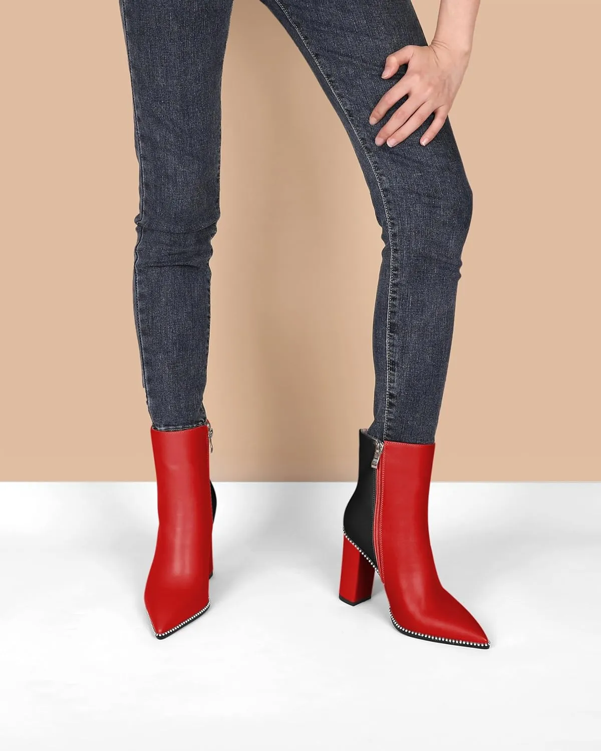 Eldof Womens Pointed Toe Beaded Chunky Ankle Boots Side Zipper 3.5 Inches