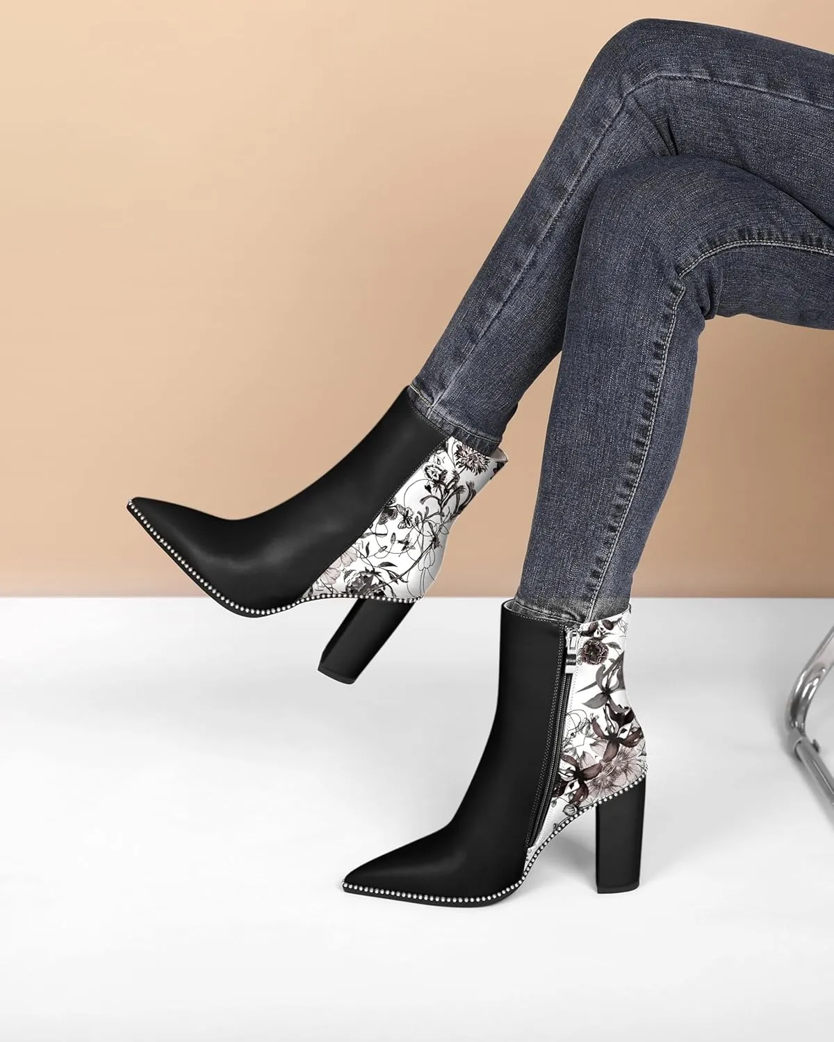 Eldof Womens Pointed Toe Beaded Chunky Ankle Boots Side Zipper 3.5 Inches