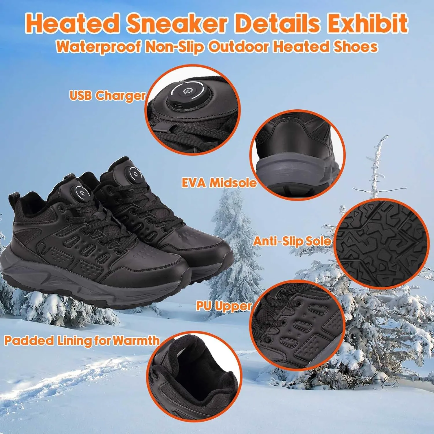Electric Heated Shoes for Women Men - Rechargeable Heated Sneakers with 3 Heating Levels 4000mAh Battery Feet Warmers Non Slip Waterproof Heated Sports Shoes for Winter Outdoor Work Sports