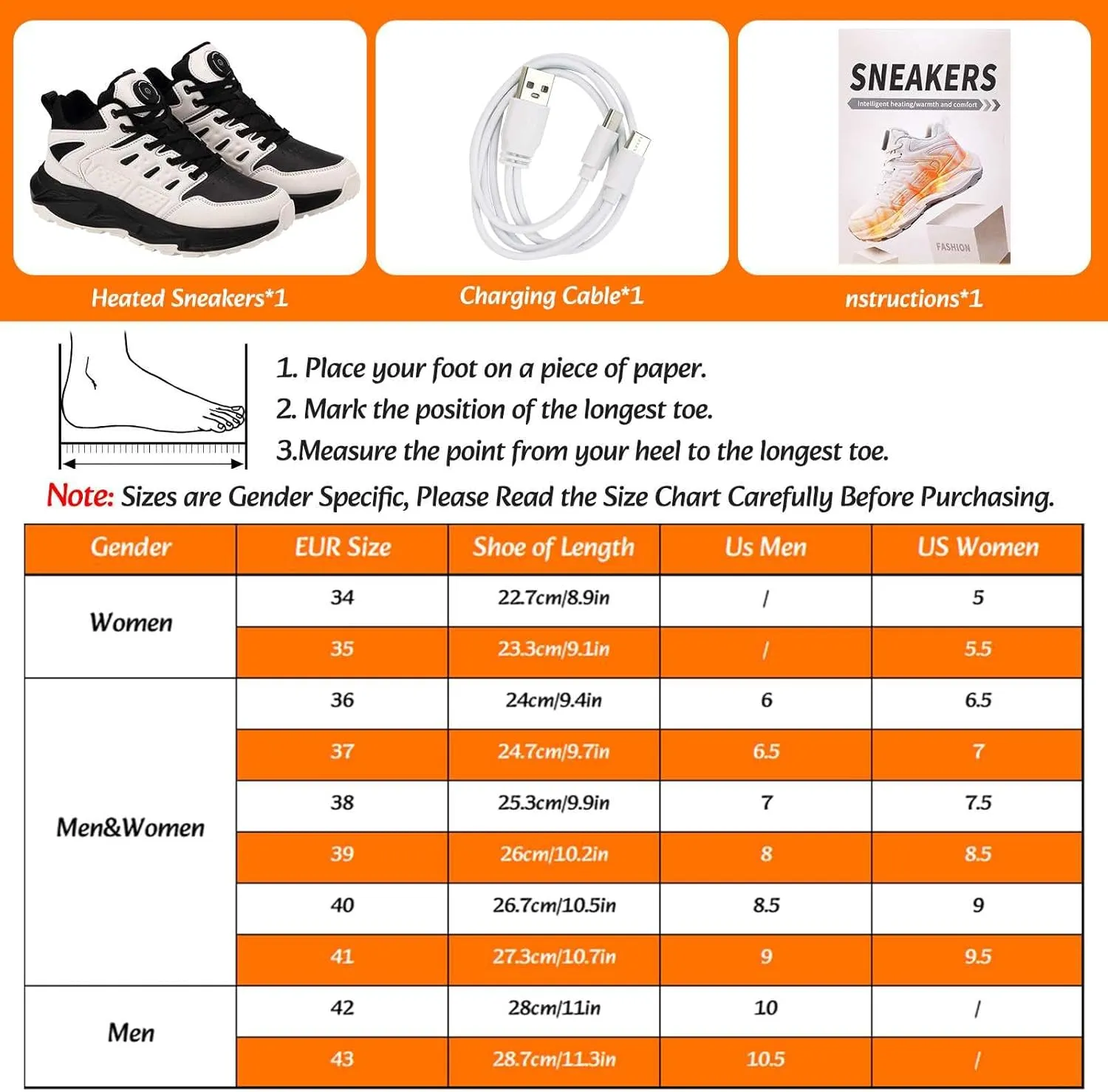 Electric Heated Shoes for Women Men - Rechargeable Heated Sneakers with 3 Heating Levels Feet Warmers Non Slip Waterproof Heated Sports Shoes for Outdoor Work Sports Hiking