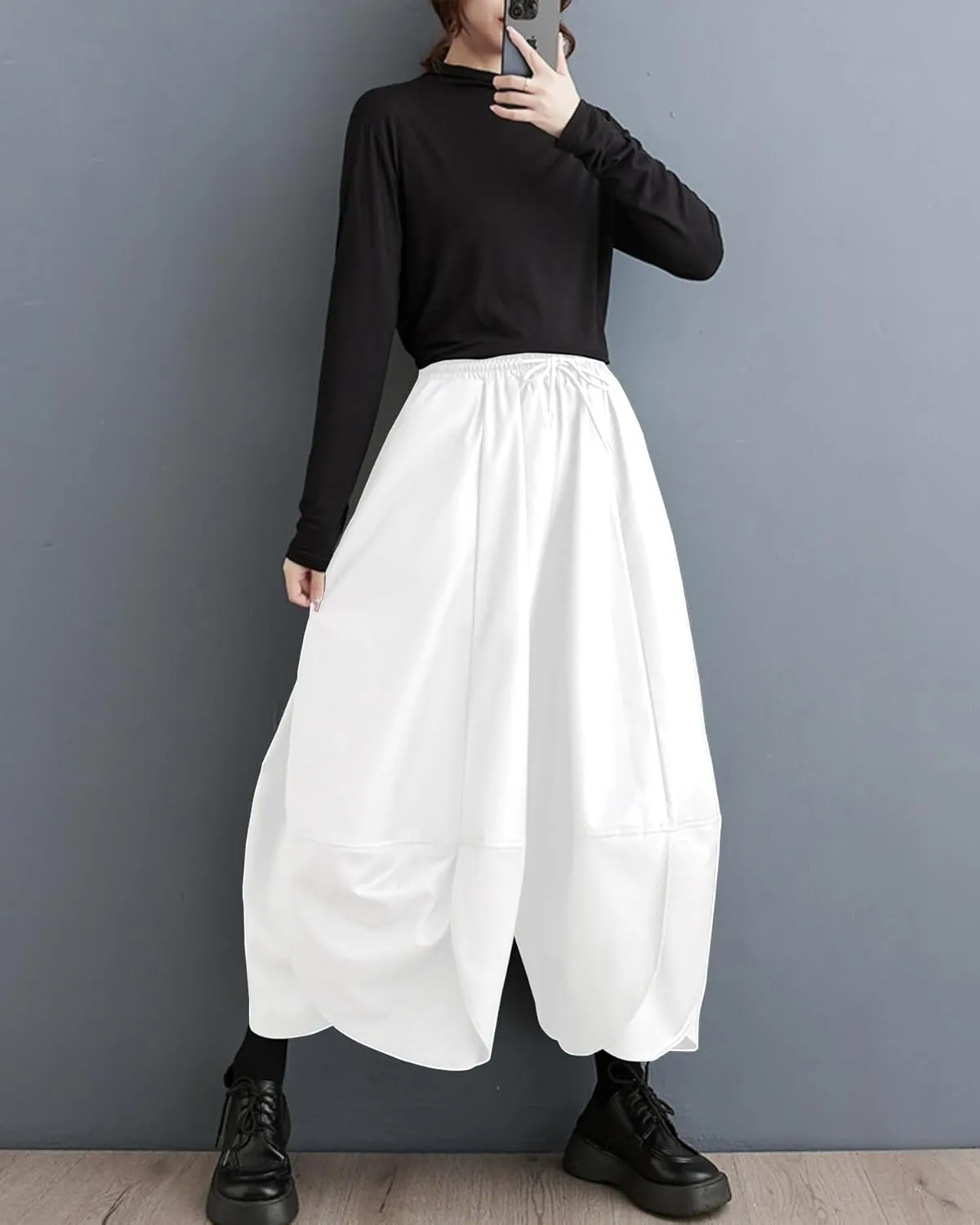 ellazhu Women's Puffy Drawstring Elastic Waist Drop Crotch Hakama Harem Wide Leg Pants GZ81 A