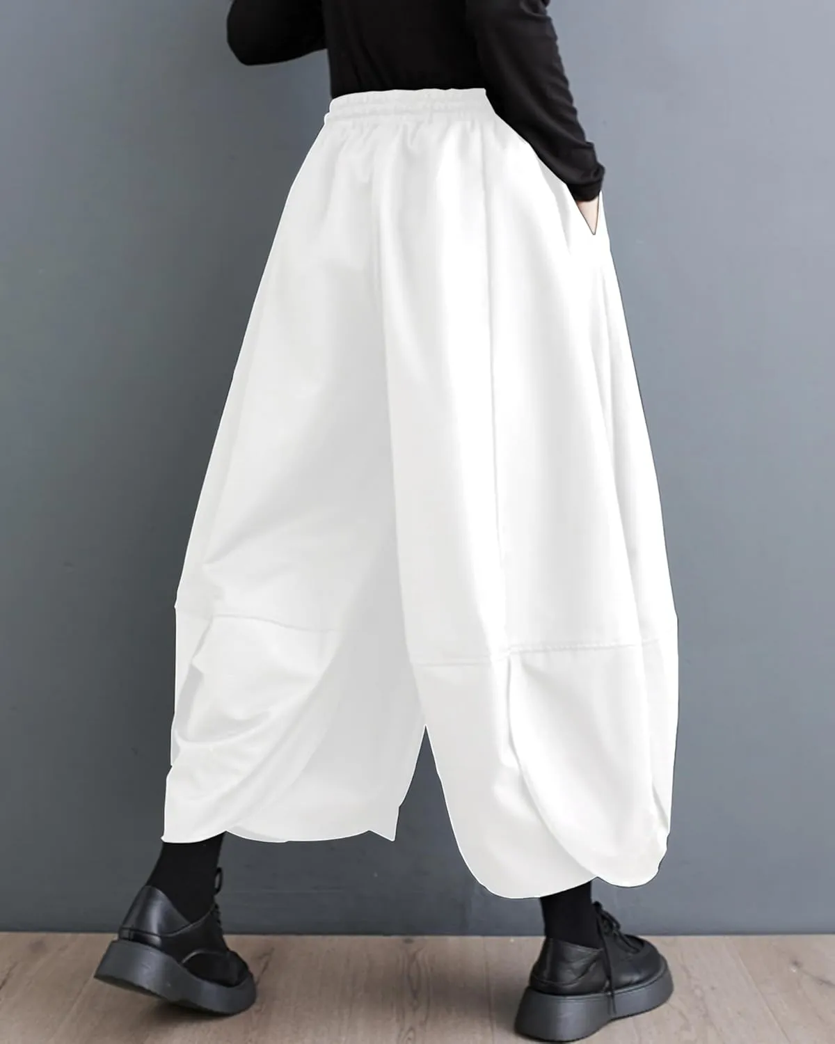 ellazhu Women's Puffy Drawstring Elastic Waist Drop Crotch Hakama Harem Wide Leg Pants GZ81 A