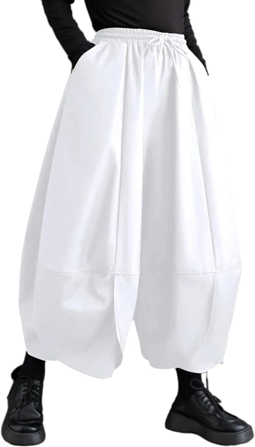 ellazhu Women's Puffy Drawstring Elastic Waist Drop Crotch Hakama Harem Wide Leg Pants GZ81 A