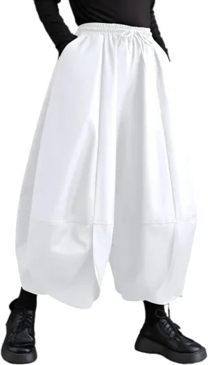 ellazhu Women's Puffy Drawstring Elastic Waist Drop Crotch Hakama Harem Wide Leg Pants GZ81 A