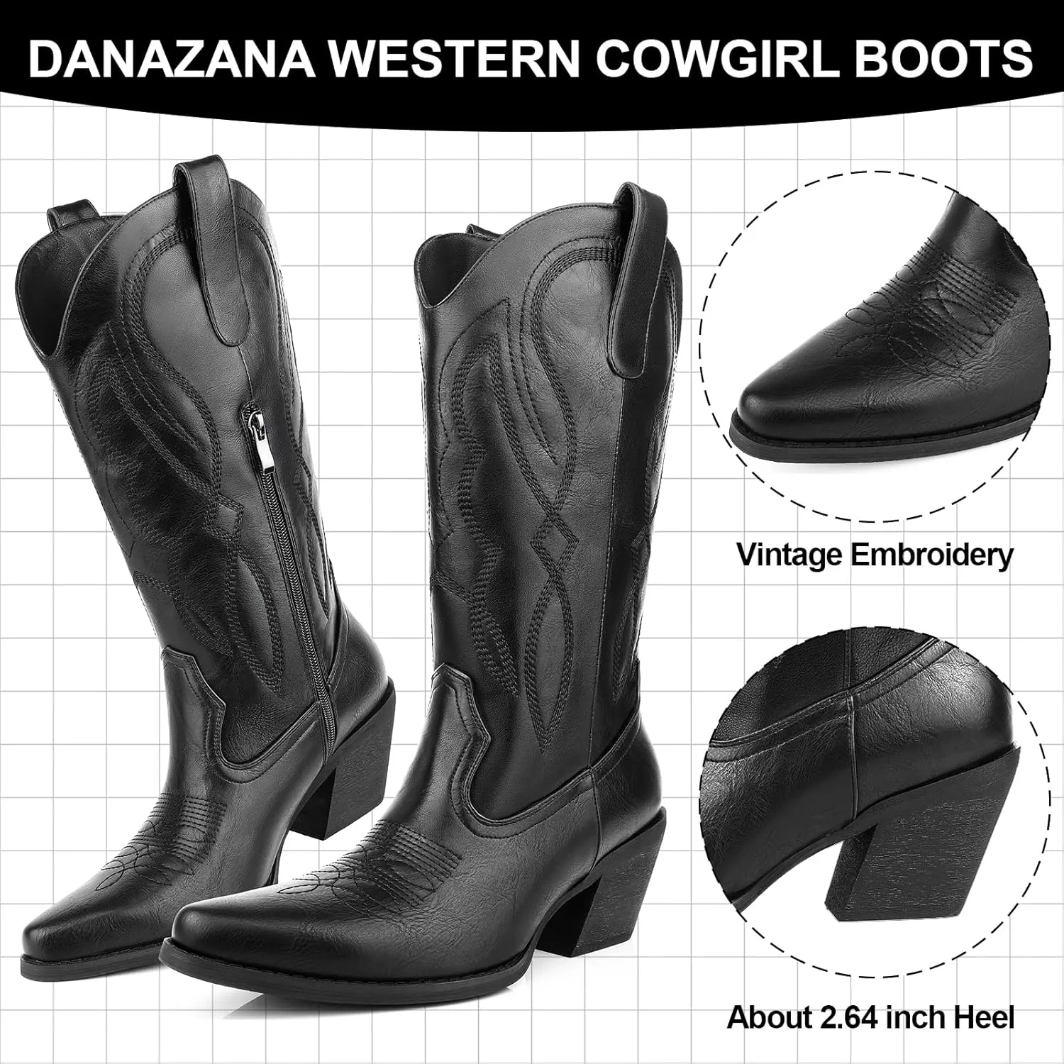 Embroidered Cowgirl Boots Women's Wide Calf Pointed Toe Cowboy Boots With Side Half Zip Mid Calf Block Heel Western Boots Lady Retro Country Boots Size 7-10