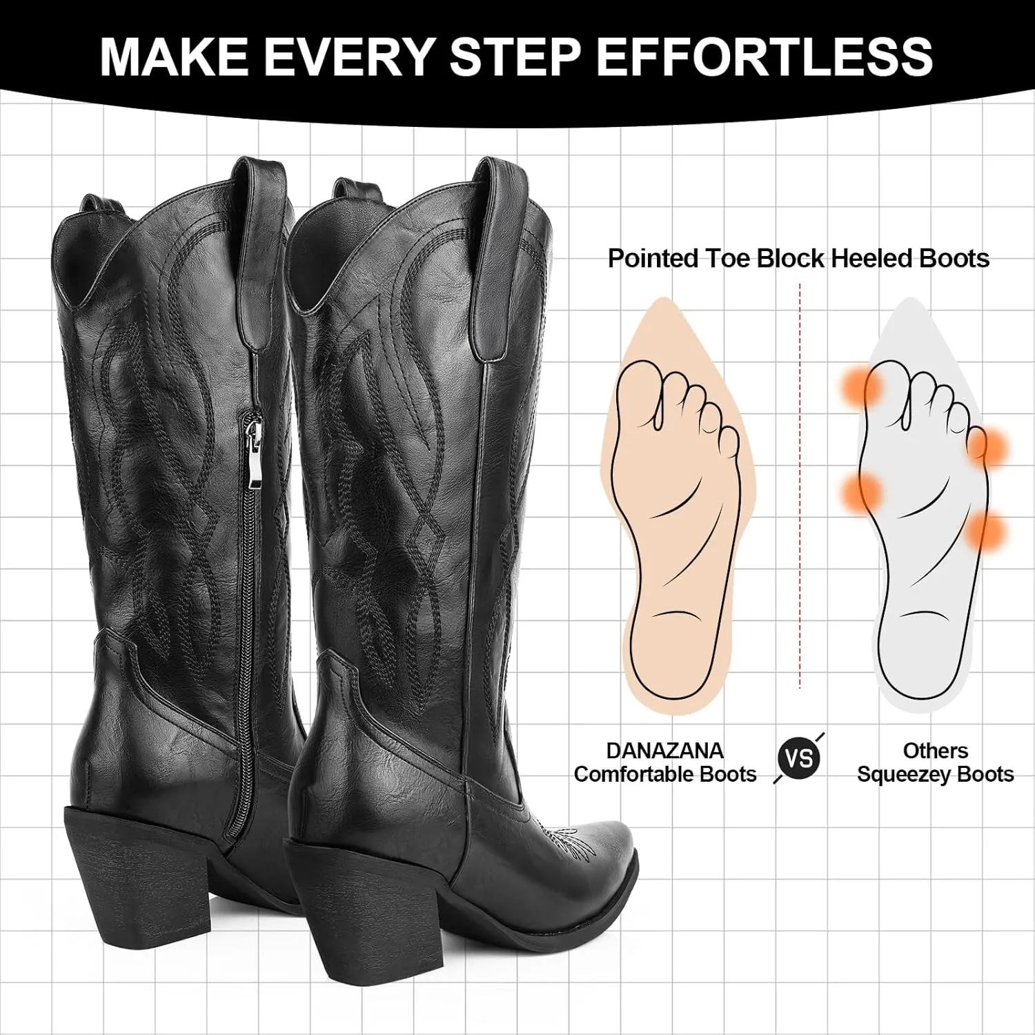 Embroidered Cowgirl Boots Women's Wide Calf Pointed Toe Cowboy Boots With Side Half Zip Mid Calf Block Heel Western Boots Lady Retro Country Boots Size 7-10