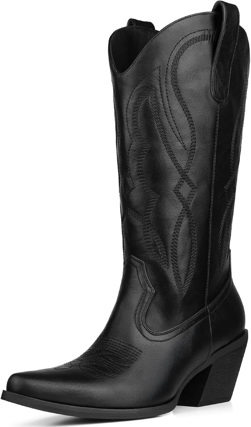 Embroidered Cowgirl Boots Women's Wide Calf Pointed Toe Cowboy Boots With Side Half Zip Mid Calf Block Heel Western Boots Lady Retro Country Boots Size 7-10