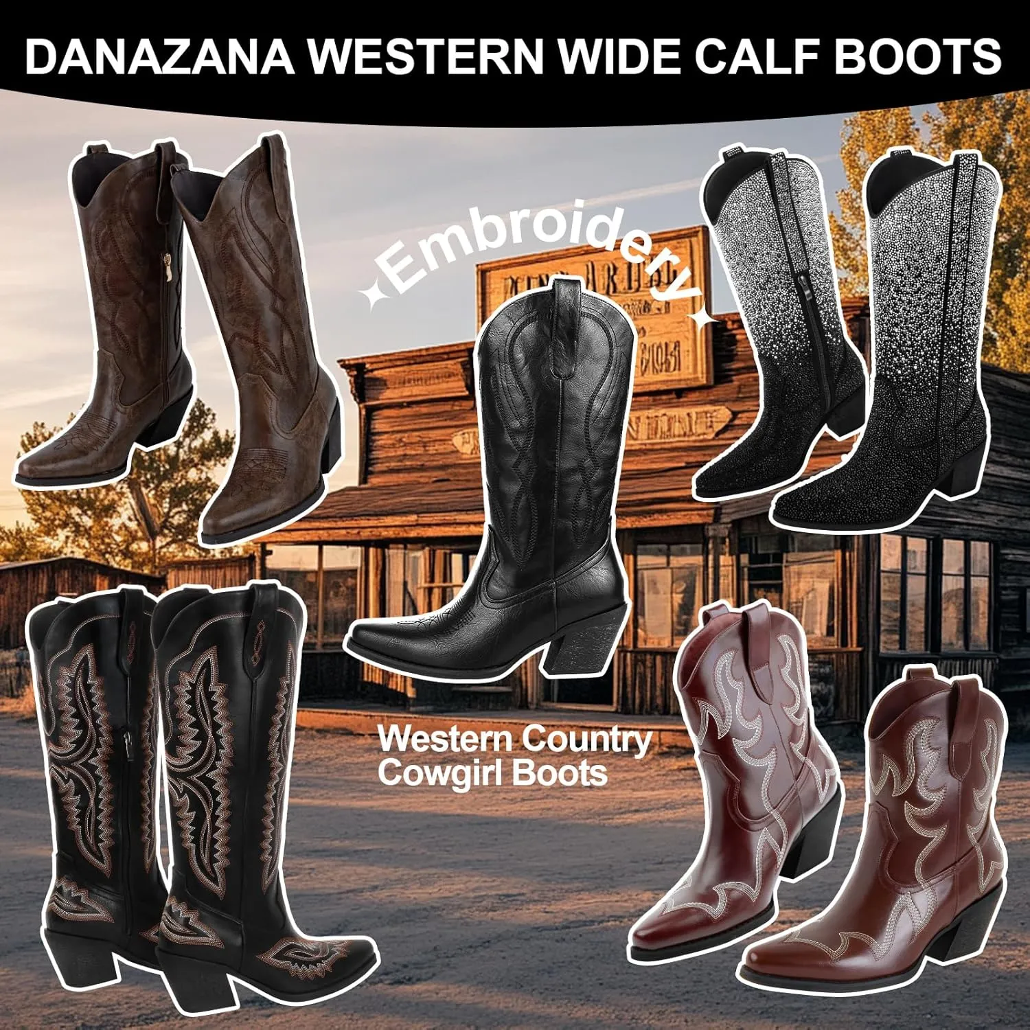 Embroidered Cowgirl Boots Women's Wide Calf Pointed Toe Cowboy Boots With Side Half Zip Mid Calf Block Heel Western Boots Lady Retro Country Boots Size 7-10