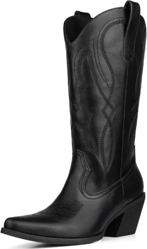 Embroidered Cowgirl Boots Women's Wide Calf Pointed Toe Cowboy Boots With Side Half Zip Mid Calf Block Heel Western Boots Lady Retro Country Boots Size 7-10