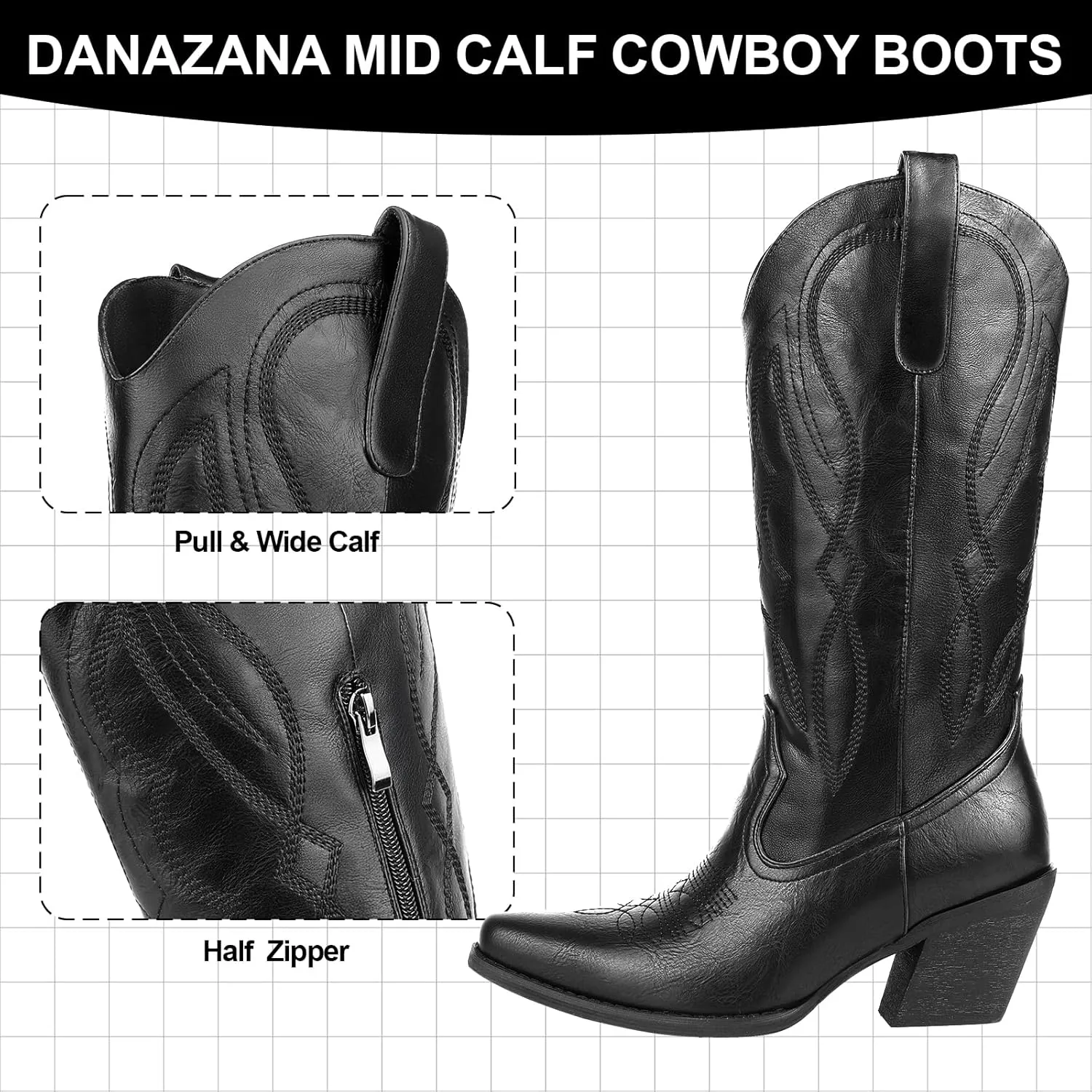 Embroidered Cowgirl Boots Women's Wide Calf Pointed Toe Cowboy Boots With Side Half Zip Mid Calf Block Heel Western Boots Lady Retro Country Boots Size 7-10