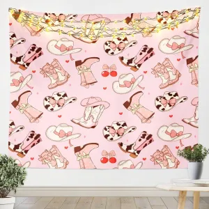 Erosebridal Cowgirl Boots Large 59X82 Inches Tapestry For Bedroom Kawaii Pink Bow Tie Tapestry Kids Rustic Brown Cowhide Wall Tapestry For Girls Teens Cute Groovy Flowers Tapestries Livingroom Decor