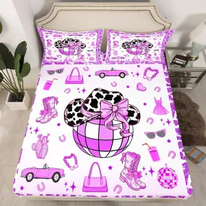 Erosebridal Cowgirl Fitted Sheet Full Size for Kids Boys Girls,Cow Pattern Hat Bed Sheets,Western Cowboy Bedding Set,Purple Stars Boots Bed Set with 2 Pillowcases Deep Pockets,no Top Sheet