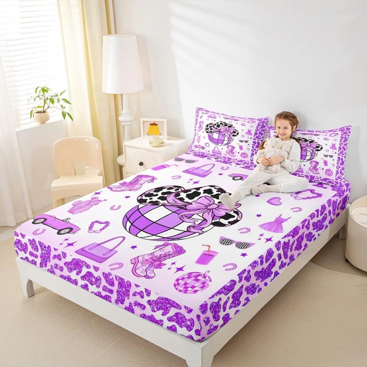 Erosebridal Cowgirl Fitted Sheet Full Size for Kids Boys Girls,Cow Pattern Hat Bed Sheets,Western Cowboy Bedding Set,Purple Stars Boots Bed Set with 2 Pillowcases Deep Pockets,no Top Sheet