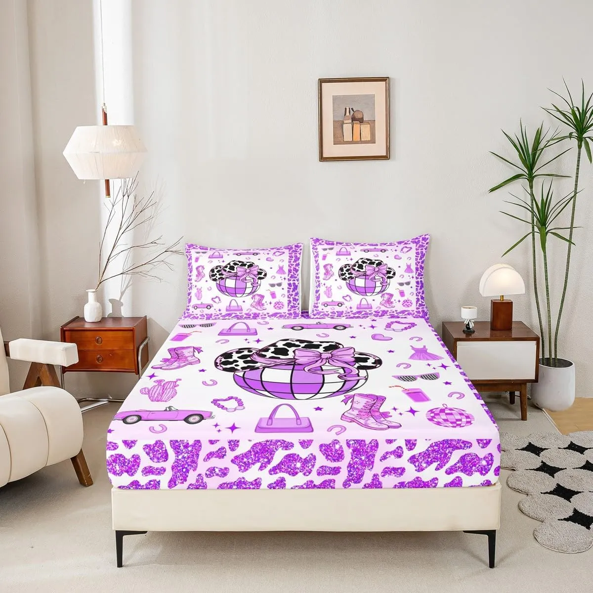 Erosebridal Cowgirl Fitted Sheet Full Size for Kids Boys Girls,Cow Pattern Hat Bed Sheets,Western Cowboy Bedding Set,Purple Stars Boots Bed Set with 2 Pillowcases Deep Pockets,no Top Sheet