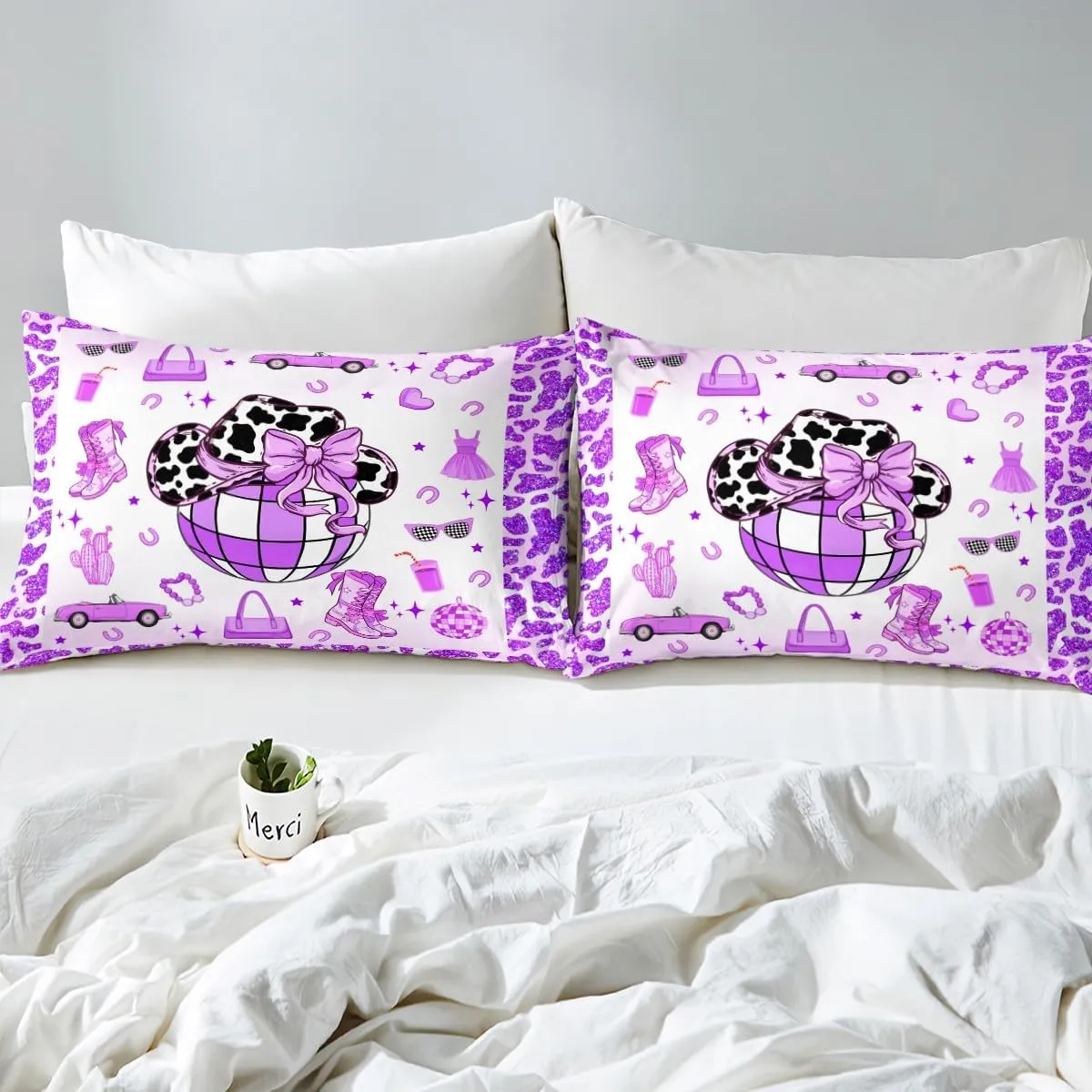 Erosebridal Cowgirl Fitted Sheet Full Size for Kids Boys Girls,Cow Pattern Hat Bed Sheets,Western Cowboy Bedding Set,Purple Stars Boots Bed Set with 2 Pillowcases Deep Pockets,no Top Sheet