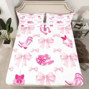 Erosebridal Western Cowgirl Fitted Sheet Twin Size,Pink Bowknot Bow Bedding Set for Girls Women,Rustic Farmhouse Bed Sheets,Vintage Cowboy Hats Boots Sheets,Funky Disco Ball Bed Set
