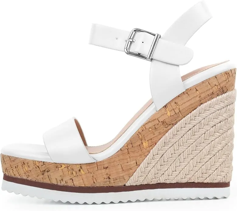 Espadrille Dressy Wedge Sandals, Adjustable Ankle Strap Buckle Women's Platform Sandals Dressy Square Toe, Comfortable High Heel Beach Shoes with Cushioned Footbed for Casual Summer