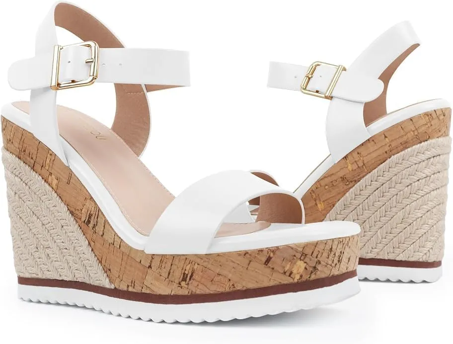 Espadrille Dressy Wedge Sandals, Adjustable Ankle Strap Buckle Women's Platform Sandals Dressy Square Toe, Comfortable High Heel Beach Shoes with Cushioned Footbed for Casual Summer