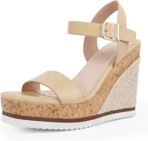 Espadrille Dressy Wedge Sandals, Adjustable Ankle Strap Buckle Women's Platform Sandals Dressy Square Toe, Comfortable High Heel Beach Shoes with Cushioned Footbed for Casual Summer