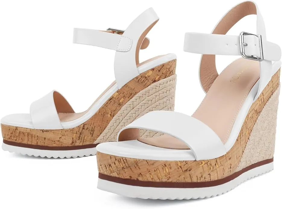 Espadrille Dressy Wedge Sandals, Adjustable Ankle Strap Buckle Women's Platform Sandals Dressy Square Toe, Comfortable High Heel Beach Shoes with Cushioned Footbed for Casual Summer
