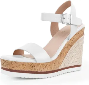 Espadrille Dressy Wedge Sandals, Adjustable Ankle Strap Buckle Women's Platform Sandals Dressy Square Toe, Comfortable High Heel Beach Shoes with Cushioned Footbed for Casual Summer