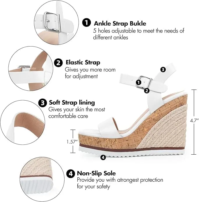 Espadrille Dressy Wedge Sandals, Adjustable Ankle Strap Buckle Women's Platform Sandals Dressy Square Toe, Comfortable High Heel Beach Shoes with Cushioned Footbed for Casual Summer