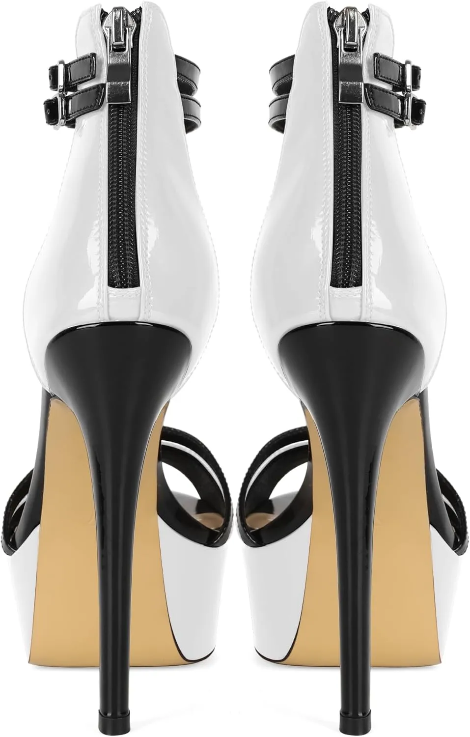 Esvowido Platform Heels for Women Open Toe T-Strappy Heeled Sandals Stiletto High Heels 5.5 Inch Double Ankle Strap Strappy Pump Shoes with Back Zipper Black US Size 10