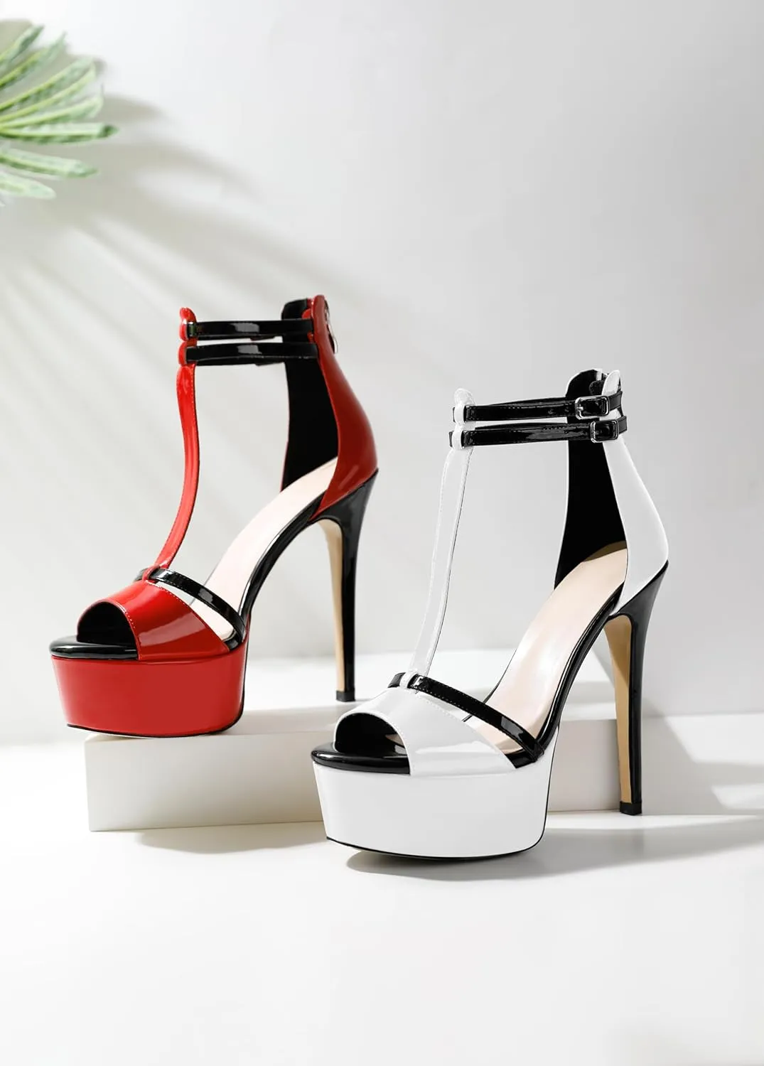 Esvowido Platform Heels for Women Open Toe T-Strappy Heeled Sandals Stiletto High Heels 5.5 Inch Double Ankle Strap Strappy Pump Shoes with Back Zipper Black US Size 10
