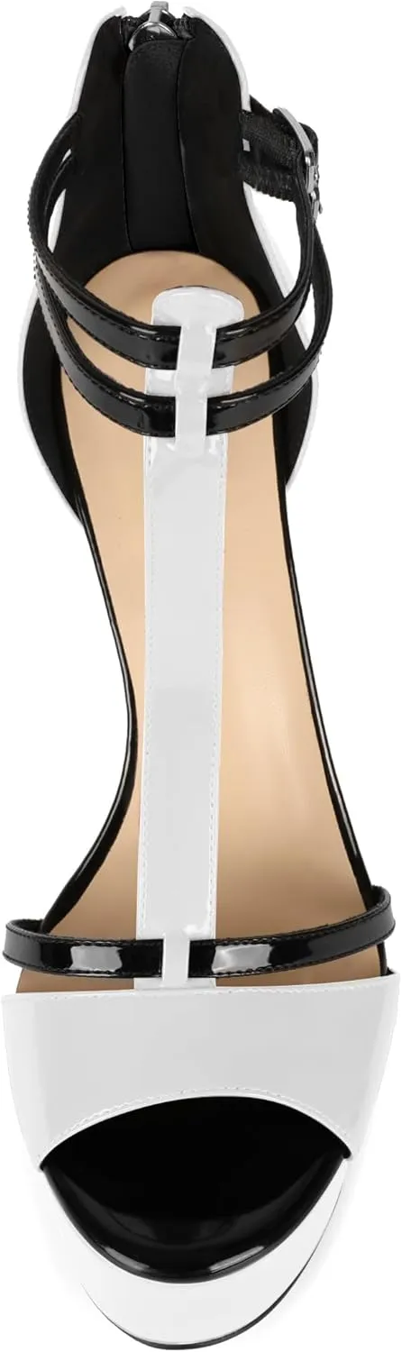 Esvowido Platform Heels for Women Open Toe T-Strappy Heeled Sandals Stiletto High Heels 5.5 Inch Double Ankle Strap Strappy Pump Shoes with Back Zipper Black US Size 10