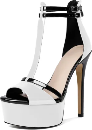 Esvowido Platform Heels for Women Open Toe T-Strappy Heeled Sandals Stiletto High Heels 5.5 Inch Double Ankle Strap Strappy Pump Shoes with Back Zipper Black US Size 10