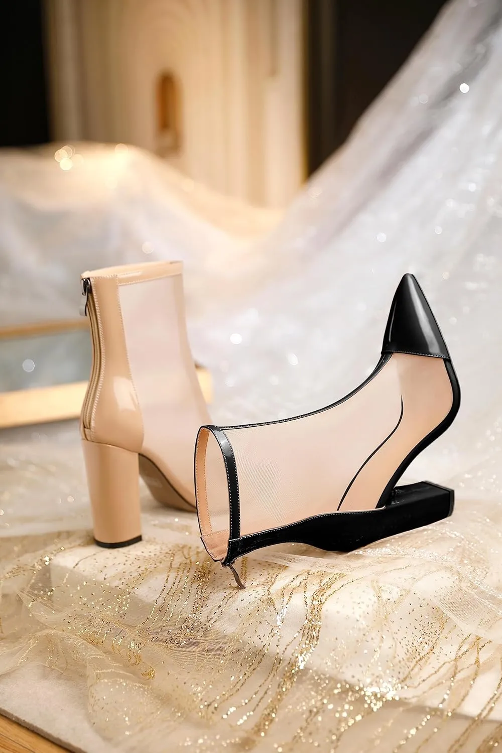Esvowido Women's Mesh Booties Chunky Heels Pointed Toe High Heel 4 Inch High Top Sandals Zip Summer Sexy Elegant Comfort Fashion Shoes