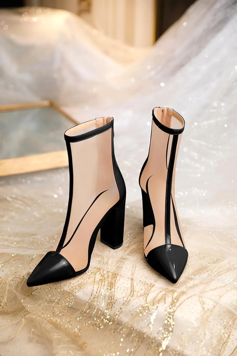 Esvowido Women's Mesh Booties Chunky Heels Pointed Toe High Heel 4 Inch High Top Sandals Zip Summer Sexy Elegant Comfort Fashion Shoes