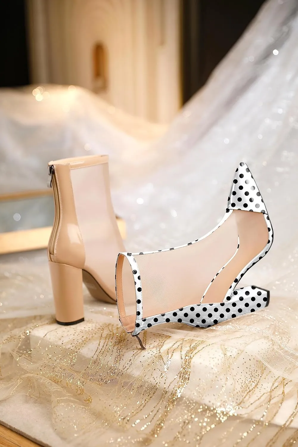 Esvowido Women's Mesh Booties Chunky Heels Pointed Toe High Heel 4 Inch High Top Sandals Zip Summer Sexy Elegant Comfort Fashion Shoes