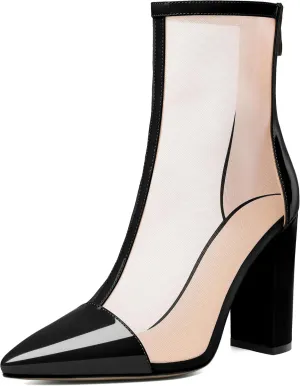 Esvowido Women's Mesh Booties Chunky Heels Pointed Toe High Heel 4 Inch High Top Sandals Zip Summer Sexy Elegant Comfort Fashion Shoes