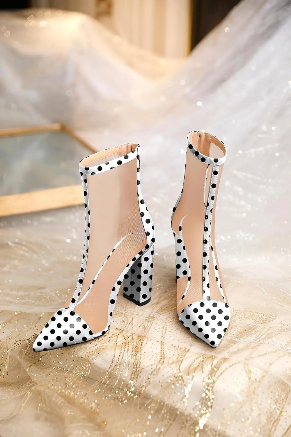 Esvowido Women's Mesh Booties Chunky Heels Pointed Toe High Heel 4 Inch High Top Sandals Zip Summer Sexy Elegant Comfort Fashion Shoes